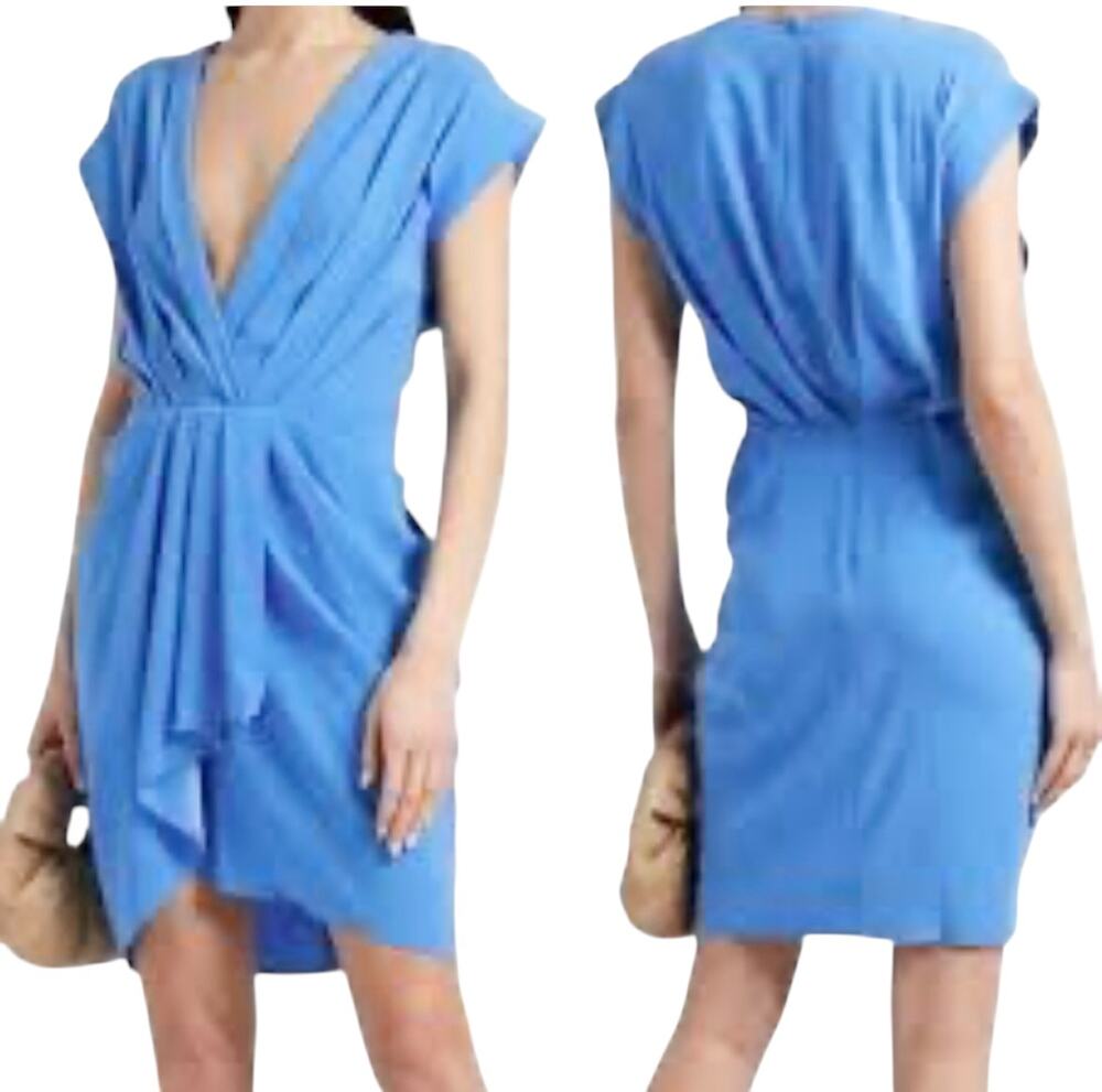 IRO Garm Blue Faux Wrap Draped Pleated Cap Sleeve V-Neck Crepe Mini Dress Size 6
